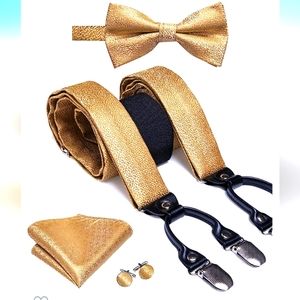 Hi-Tie Dubulle Gold Paisley Suspender Set Bow Tie Cuff Links Handkerchief Mens